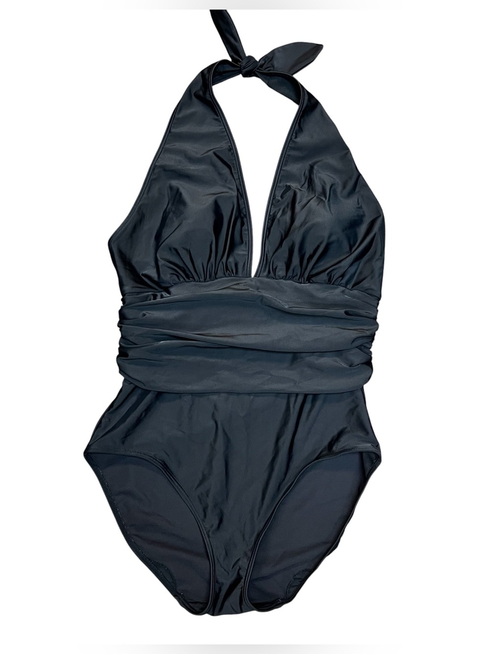 Vintage Spiegel Black Deep V-Neck One Piece Swimsuit Size 14 Padded Halter Beach